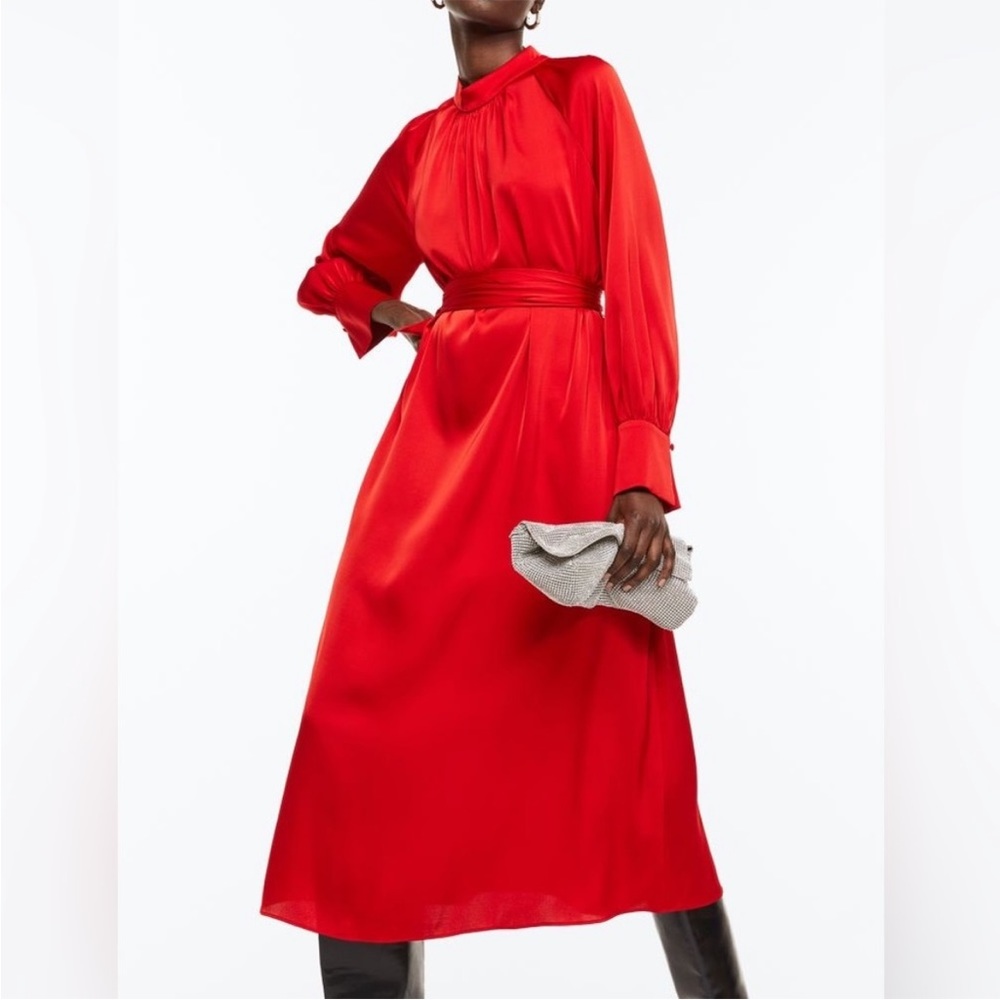 H&M Red satin dress with tie belt